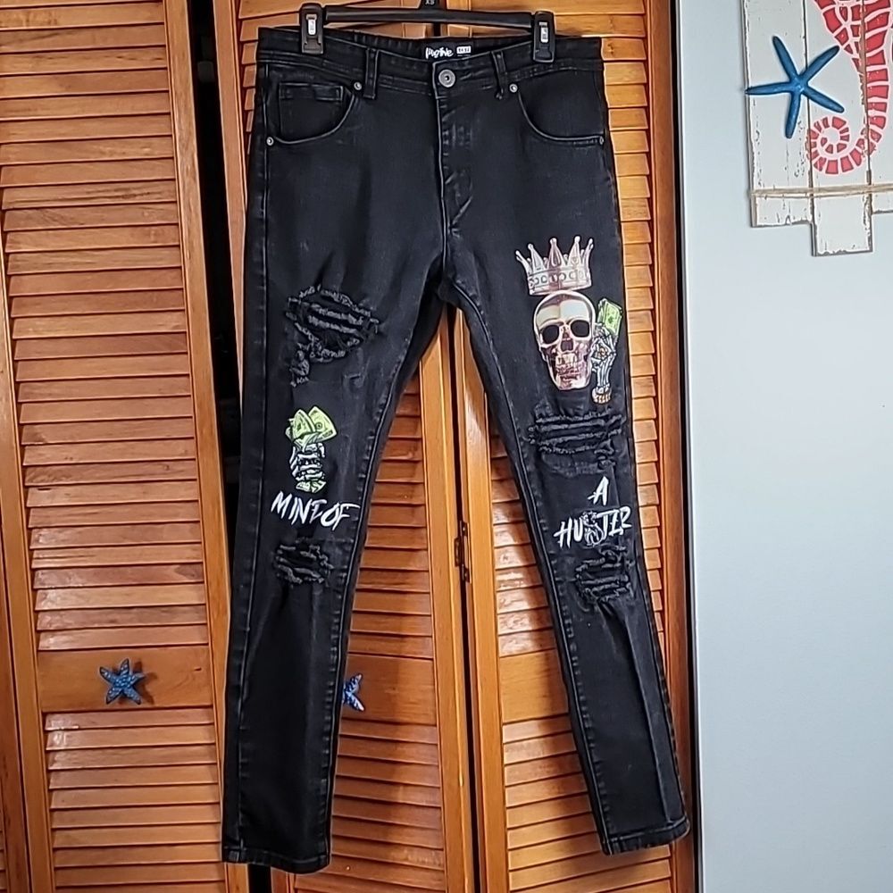 Motive Denim Mind of a Hustler Graphic Skull Jeans Black Men’s 34x32 Distressed